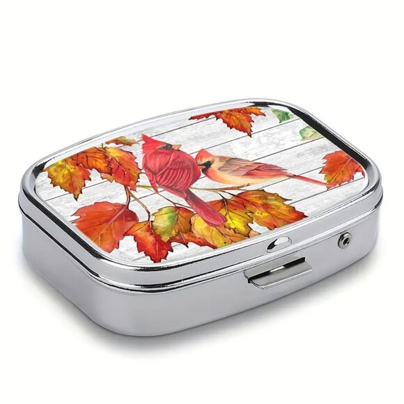 Cardinal Pill Box with Autumn Leaves - Picture 3 of 4